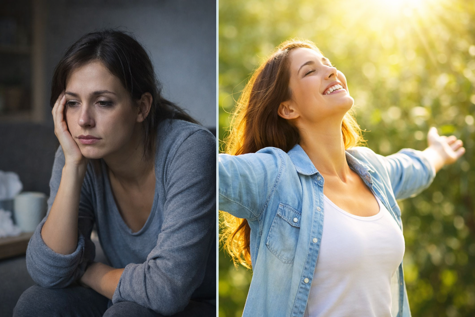 ElaraWell illustration showing a somber woman indoors on the left and a radiant woman outdoors in sunlight on the right, highlighting mood and energy contrast.