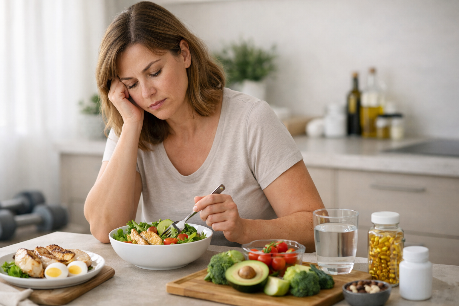 ElaraWell feature: a woman with brown hair wearing a white shirt sits at a kitchen table, eating a salad from a white bowl, with avocado, tomatoes, and corn on the counter