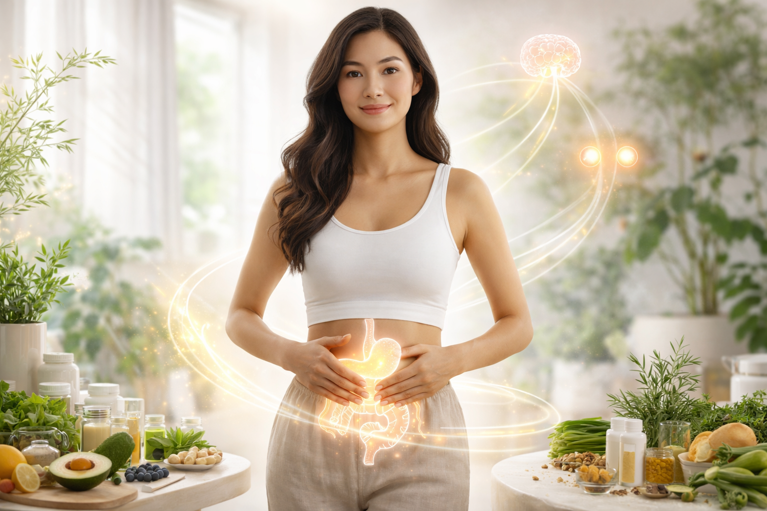 ChatGPT wellness image of a woman in a white crop top with a glowing, illuminated digestive system graphic around her abdomen, surrounded by fresh herbs, fruits, and vegetables in a bright room, symbolizing gut health and hormonal balance