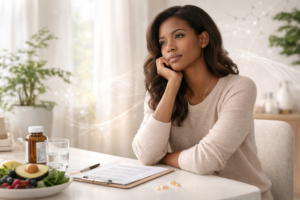 ElaraWell branded lifestyle scene featuring a thoughtful woman with a plate of fruit and bottle of supplements on a light-filled table, soft lighting