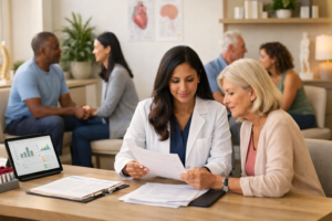 ElaraWell clinic scene shows a female doctor in a white coat reviewing documents with an elderly patient at a desk, laptop displaying charts, and other patients in the background