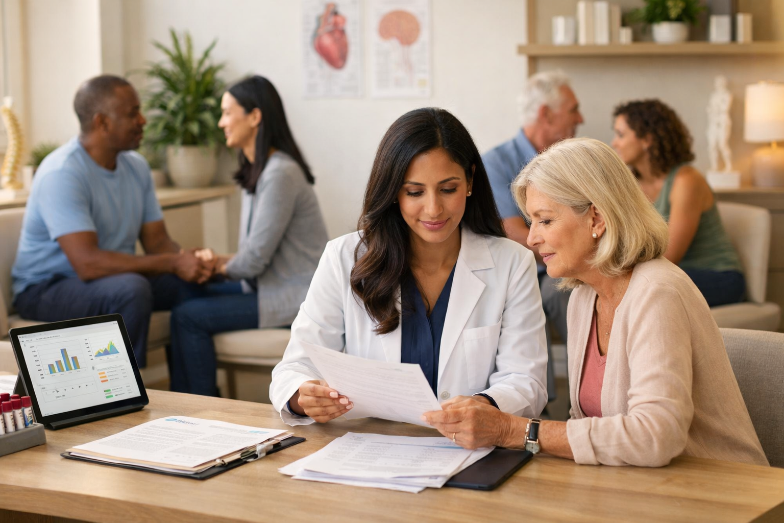 ElaraWell clinic scene shows a female doctor in a white coat reviewing documents with an elderly patient at a desk, laptop displaying charts, and other patients in the background