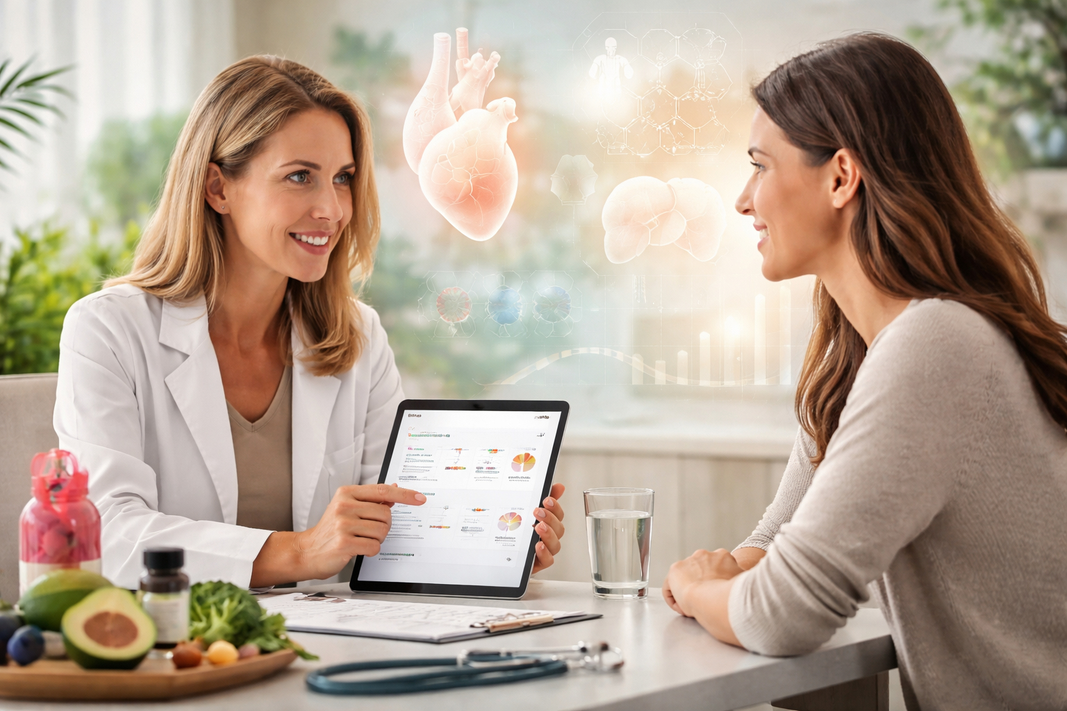 ChatGPT branded wellness scene: a doctor explains heart health using a tablet with holographic heart diagrams in a bright clinic, two smiling women present